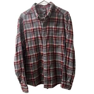 Eddie Bauer Shirt Mens Large Gray Red Plaid Classic Fit Flannel Button Up